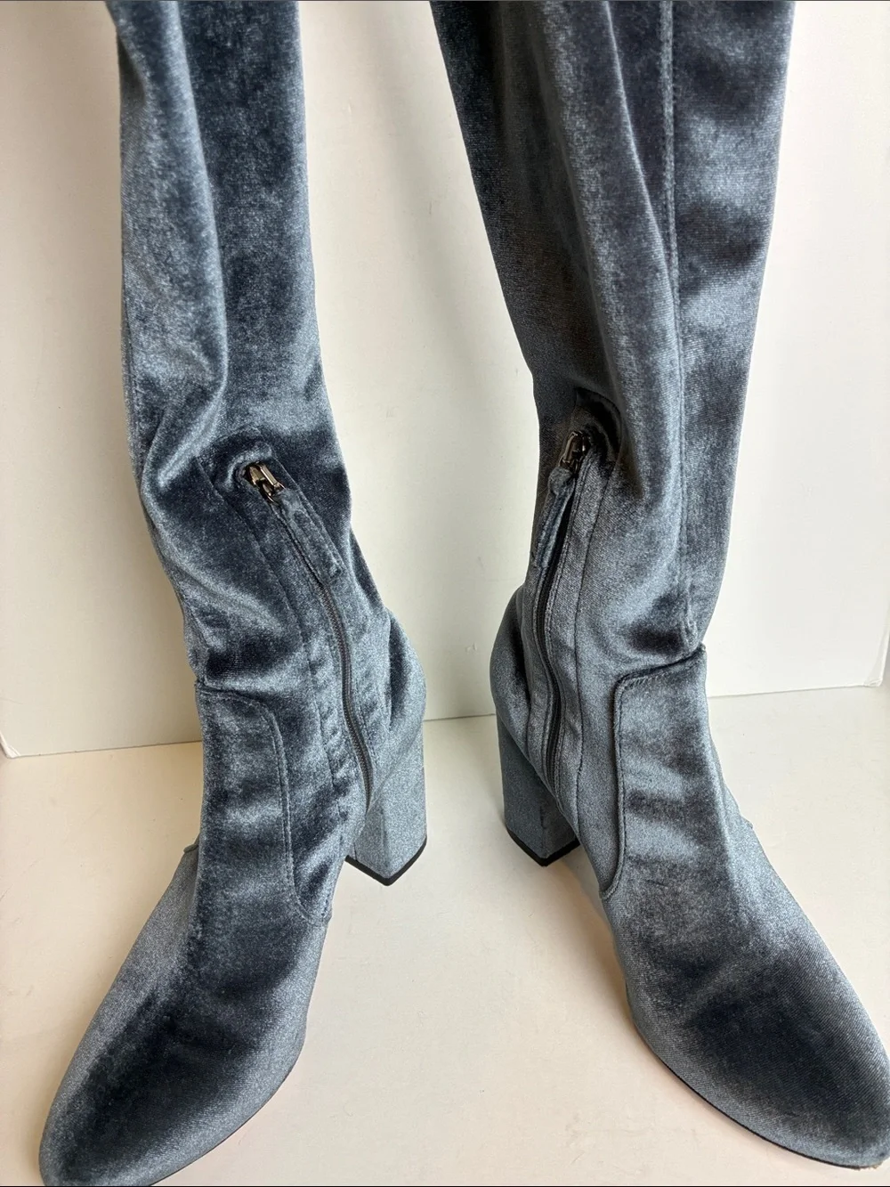 Aquazzura So Me Boots Stretch Velvet sz 36.5 Blue Gray Over The Knee Maximalist